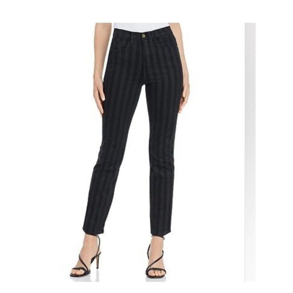 Frame NWT Le Sylvie Slender Straight Leg Jeans Black Vertical Tonal Stripe Denim